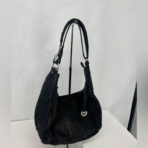 Brighton Black Leather Hobo with Silver Heart Charm